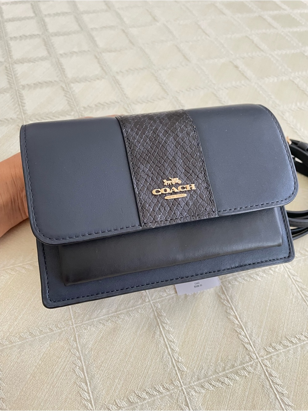 NWT Coach Two Tone Leather Fold Over Bag with Snakeskin Embossed and Gold HW